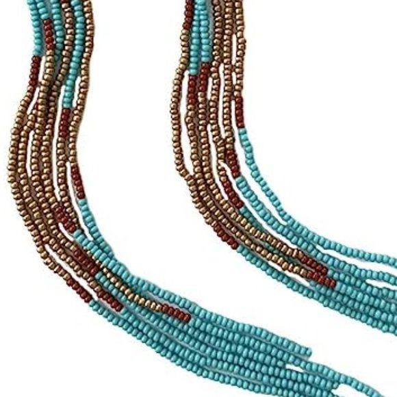 Long 9 Inch Turquoise Blue Bronze Beaded Tassel Earrings Aqua Dangle Statement - Picture 4 of 6
